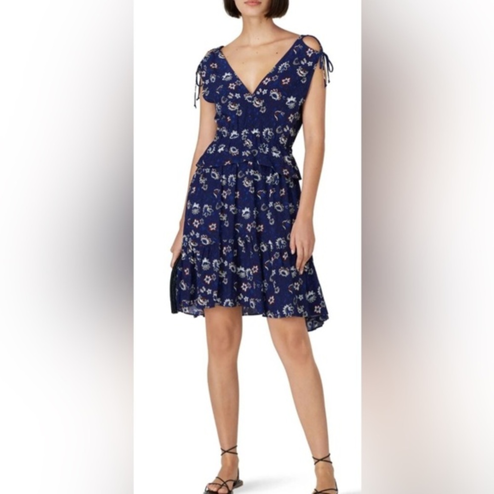 Thakoon Collective Lotus Floral Print V-Neck Mini Dress in Navy Blue and Red - 0